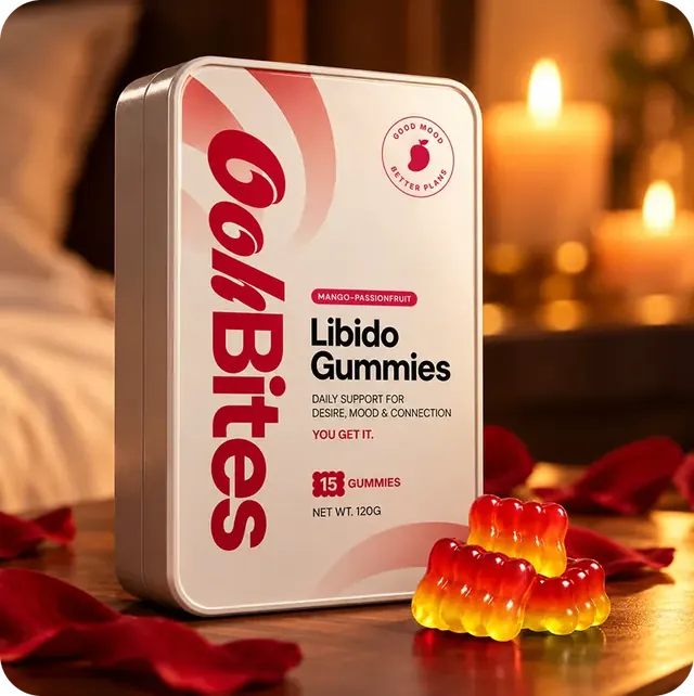 Ask med Oohbites Gummies och lösa gummies på ett bord i skenet från levande ljus